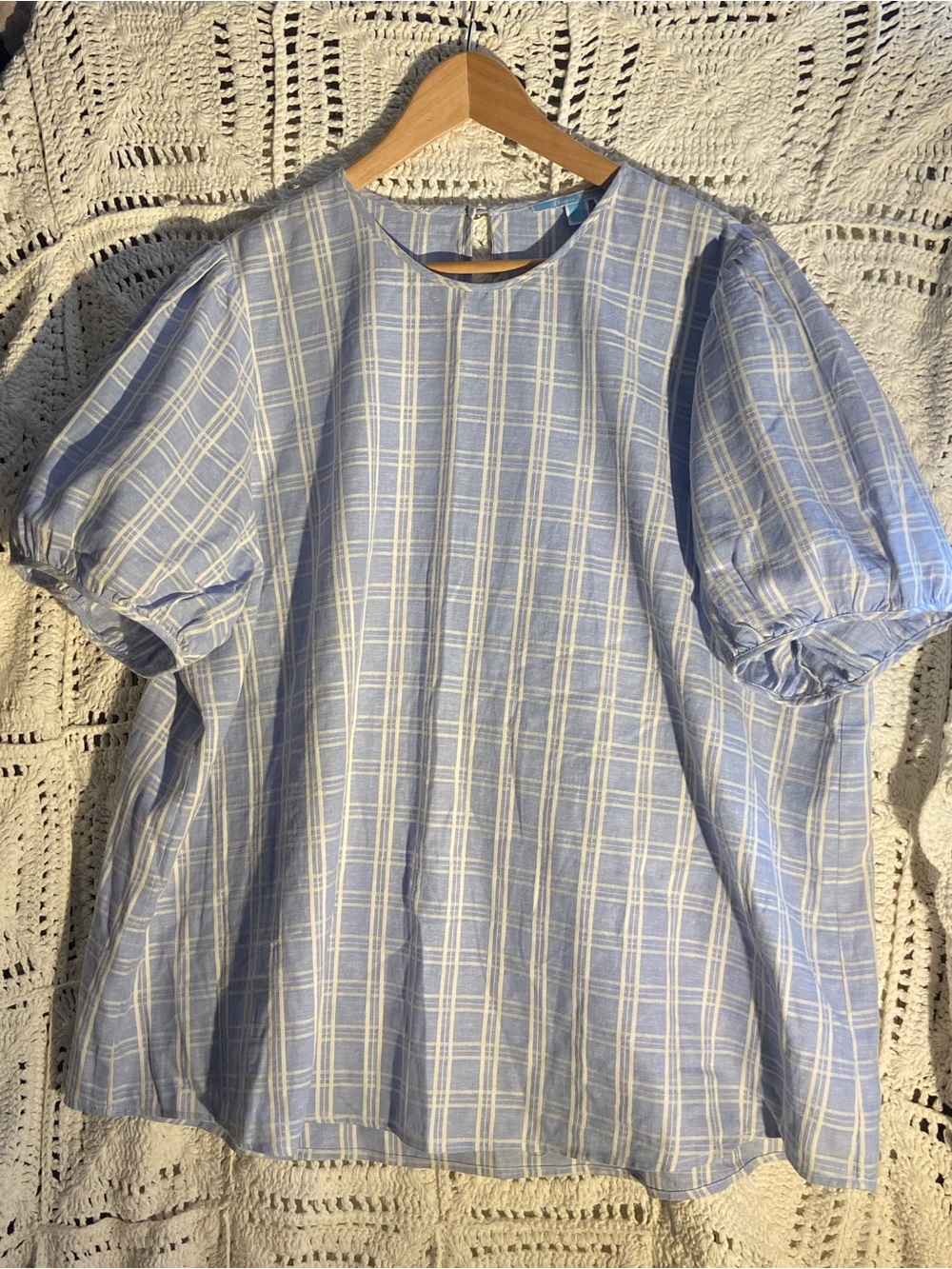 Draper James ❤️ Blue Plaid Linen Blend Puff Sleeve Blouse | 3X